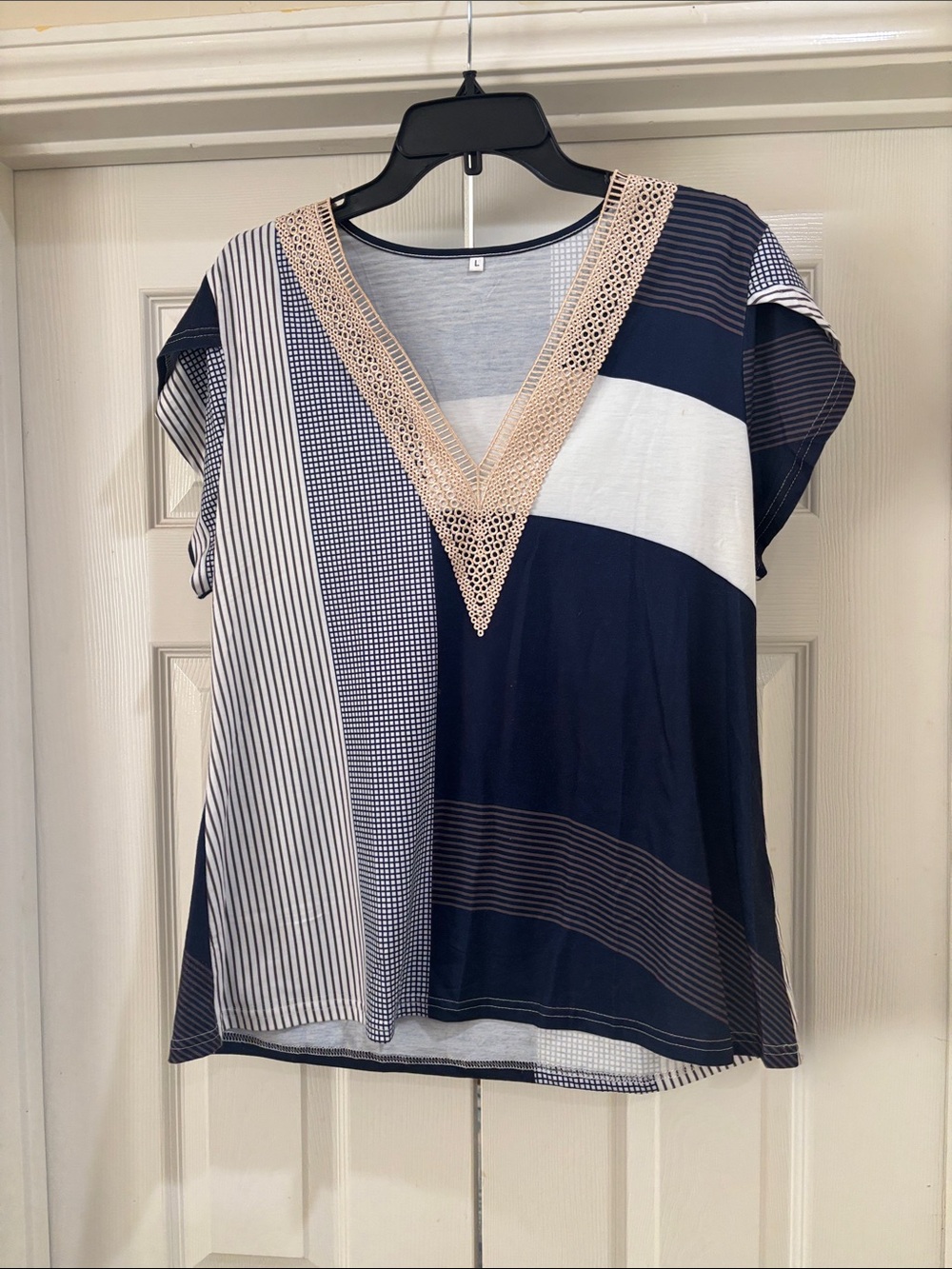 Amazon Navy and Cream V-Neck Crochet Trim Tunic Top